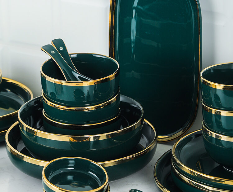 Set Tô Chén, Bát Đĩa Emerald Viền Vàng Màu Xanh Cổ Vịt, Ngọc Lục Bảo Châu  Âu - Sam Golden Home