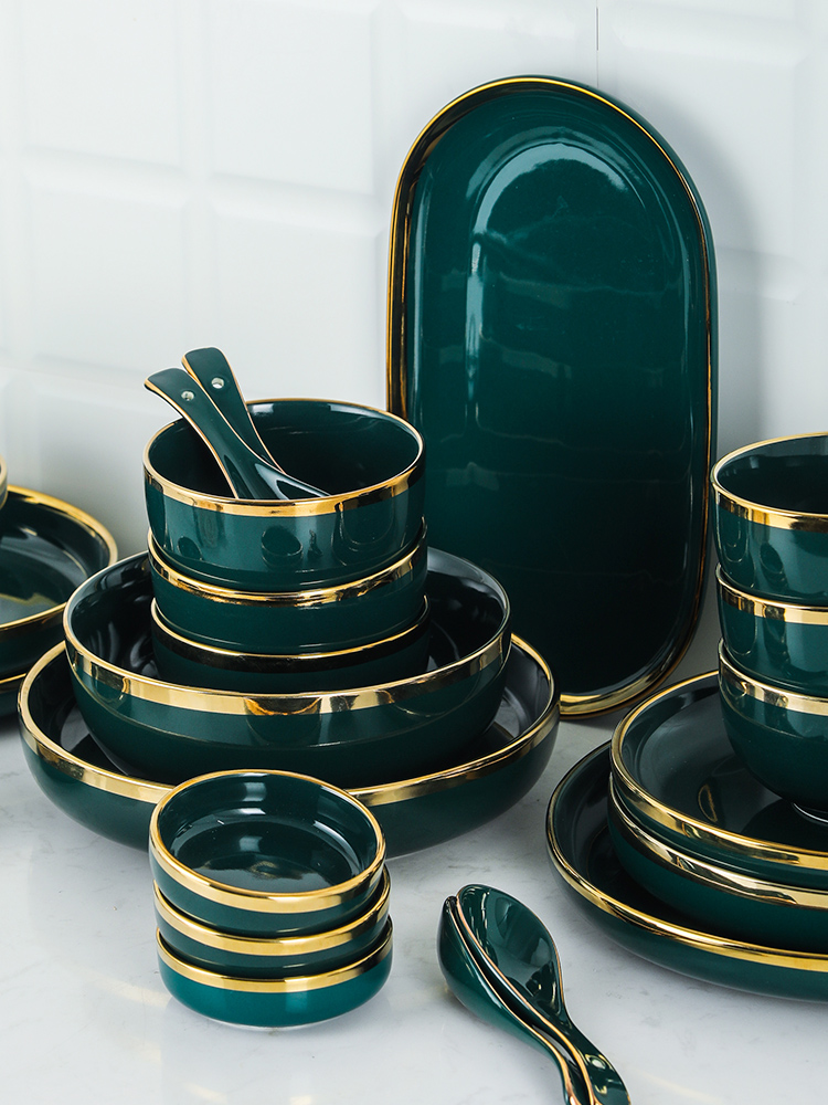 Set Tô Chén, Bát Đĩa Emerald Viền Vàng Màu Xanh Cổ Vịt, Ngọc Lục Bảo Châu  Âu - Sam Golden Home