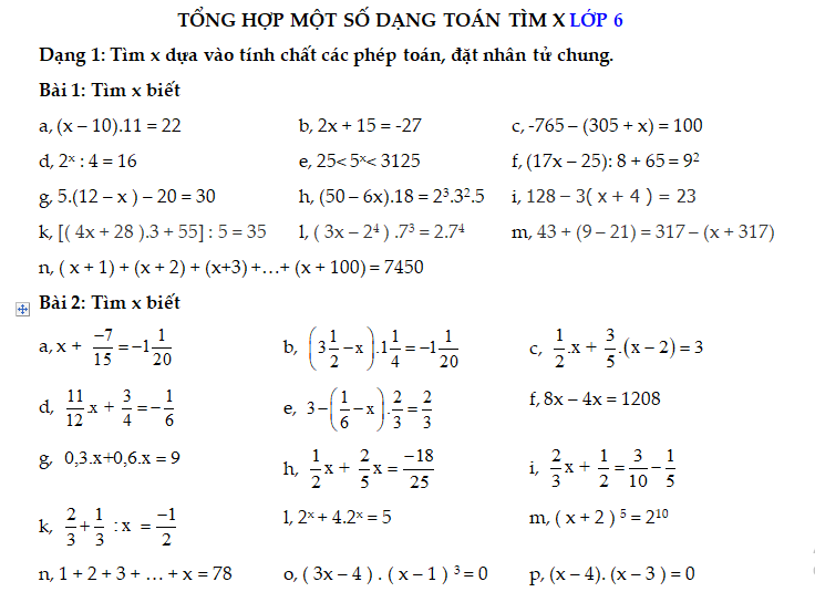 Tổng Hợp Một Số Dạng Toán Tìm X Lớp 6