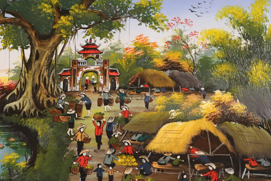 Tranh Sứ Bát Tràng Vẽ Phiên Chợ Quê 3 95X55Cm