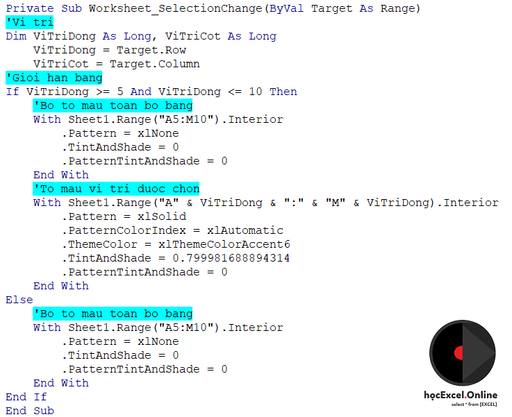 Tự Động Tô Màu Dòng Của Ô Được Chọn Trong Bảng Bằng Vba - Học Excel Online Miễn Phí