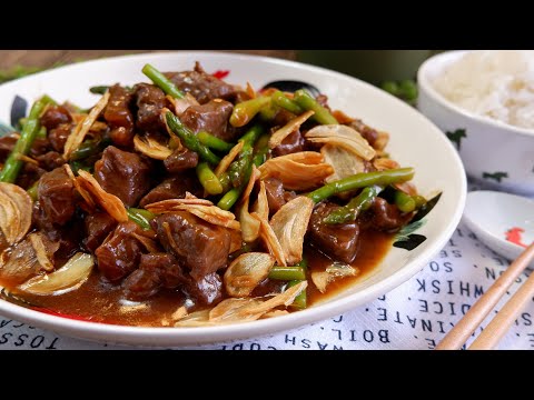 Super Easy! Garlic Beef & Asparagus in Oyster Sauce 香炒芦笋蒜茸牛肉块 Chinese Beef Stir Fry Recipe